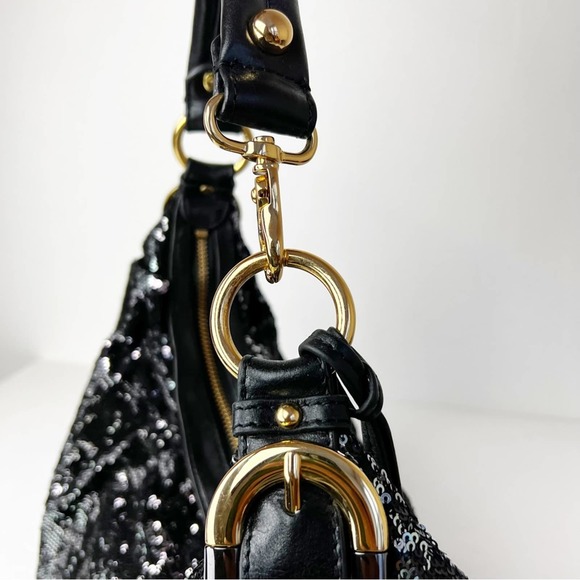 Badgley Mischka Black/Silver Sequin Hobo Bag Gold Hardware - Picture 3 of 9